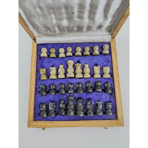 Vintage Hand Carved Stone Chess Set in Folding Marble Top Travel Case Box